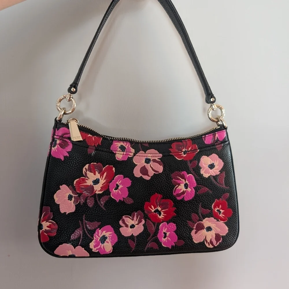 Kate Spade Pebbled Leather Black, Pink & Red Floral Shoulder Bag Poppy Flowers - Picture 2 of 10